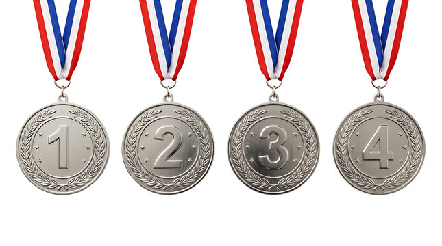 Set of four silver medals with numbers one, two, three, and four isolated on transparent background png