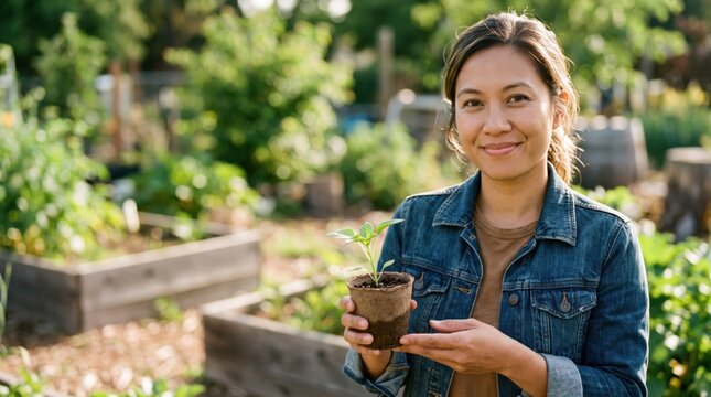 Women in Climate Tech Leadership concept. A woman in a garden holding a small plant in a pot.