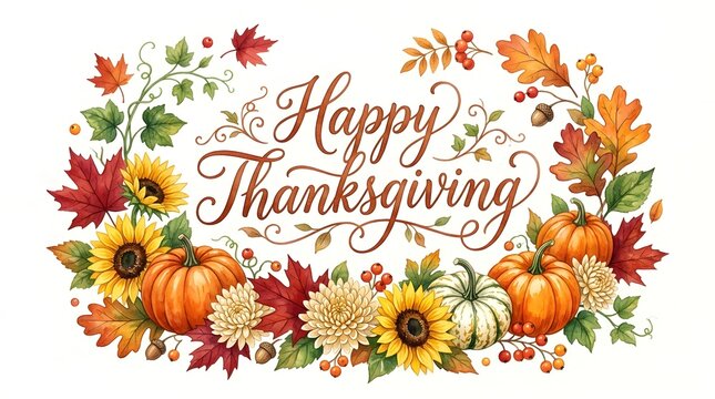 Watercolor thanksgiving arrangement with pumpkins sunflowers and autumn leaves festive holiday design