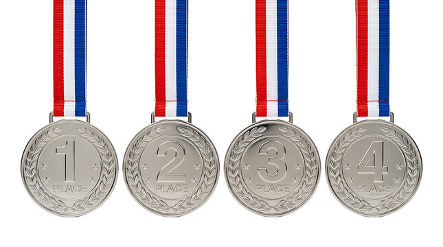 Set of four silver medals with red, white and blue ribbons isolated on transparent background png