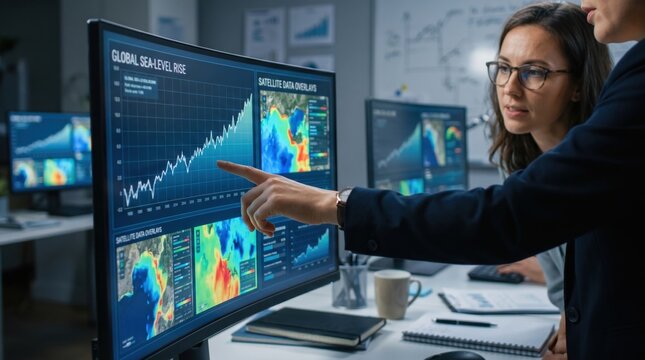Women in Climate Tech Leadership concept. Team analyzing data on screens in a modern workspace.