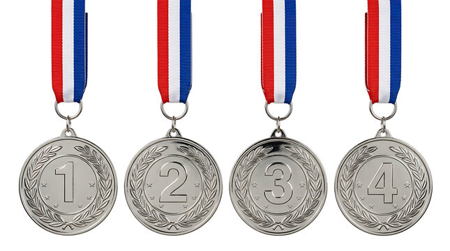 Set of four silver medals with numbers one to four isolated on transparent background png