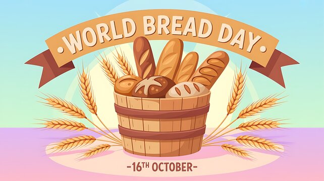 World bread day october 16 celebration banner with wooden basket full of fresh baked bread and wheat stalks