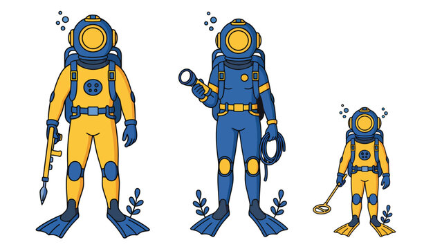 Three divers in vintage diving suits, one holding a speargun, another a flashlight, and the smallest with a metal detector.