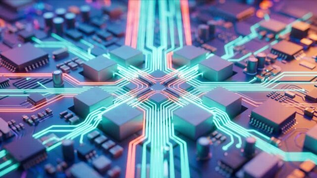 未来的な電子回路基板のトポロジーと光る配線を拡大する3Dアニメ動画