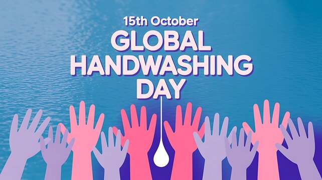 Global handwashing day 15th october awareness poster with colorful raised hands and water drop illustration