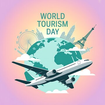 World tourism day concept with airplane flying around the globe and famous world landmarks silhouette illustration