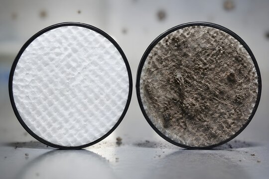 Completed air purification experiment with a clean generic filter beside visibly trapped dust particles on an untreated surface