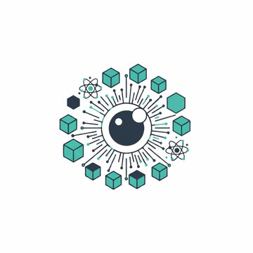 A stylized human iris composed of hexagonal quantum data blocks and subatomic particle patterns, biometric security concept, clean lines, teal and charcoal grey palette on white, minimalist flat