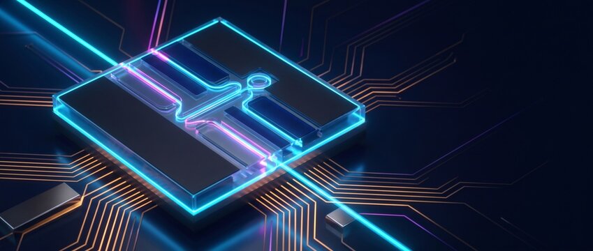 High throughput silicon processor, glowing semiconductor chip with neon blue and magenta circuit pathways. Modern computer motherboard routes dense optical signals through microchip chipset.