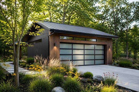 Modern garage surrounded by native summer landscaping with grasses small flowers and mature leafy trees in a sustainable garden