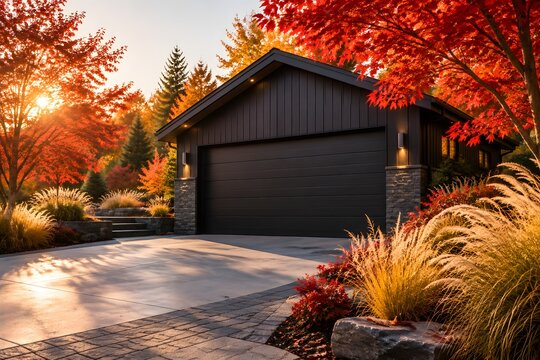 Modern black garage contrasting with fiery red autumn foliage and golden ornamental grasses in a sophisticated seasonal setting