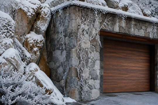 Stone garage with frost covered climbing vines and snow along natural rock walls