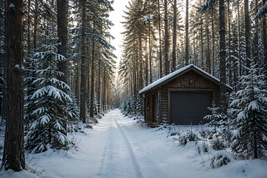 Garage beside a narrow snow covered forest path with tall pines forming natural leading lines in a tranquil remote setting