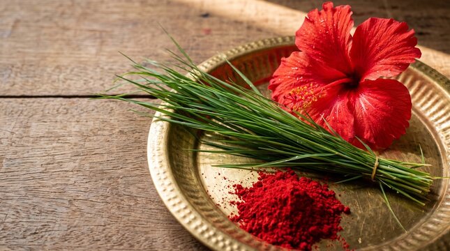 Vibrant red hibiscus flower, green durva grass, and red kumkum powder  
