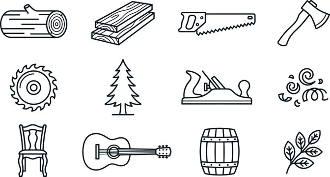 Lumberjack and carpentry line art icon set featuring minimalist outline illustrations of wood logs planks hand saws axes circular blades hand planes and wooden furniture