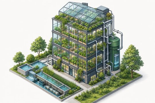 Isometric Illustration of a Greywater Recycling Greenhouse Tower