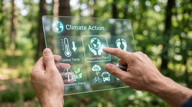 Hands holding transparent digital tablet displaying climate action interface in green forest, renewable energy icons, global warming protection, ecology sustainability concept