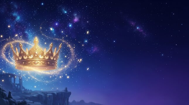 Background illustration featuring a fantastical starry sky and a gleaming golden crown