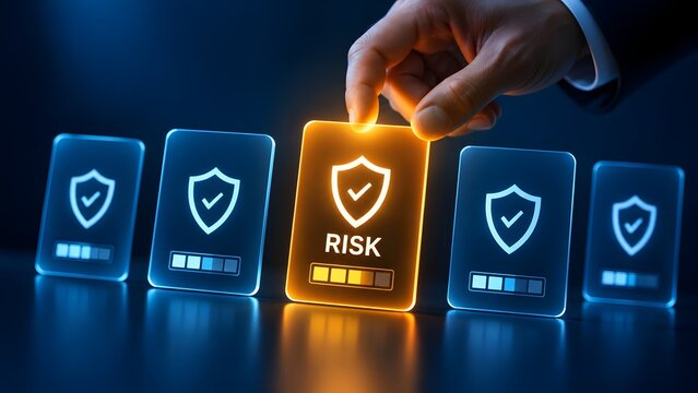 Hand selecting risk status on glowing glass interface cards representing cybersecurity evaluation and threat assessment