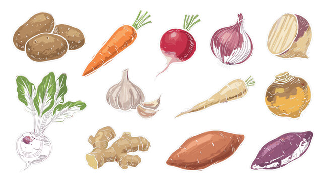 Watercolor root vegetables vector illustration set featuring hand painted potato carrot radish red onion garlic ginger turnip and sweet potato icons