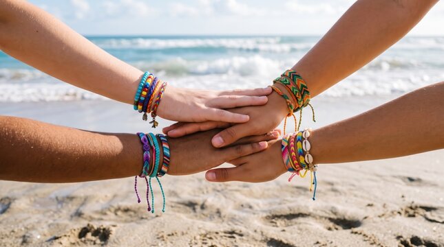 Diverse hands stacked together on sandy beach wearing colorful friendship bracelets, unity teamwork solidarity support concept, summer vacation travel lifestyle background
