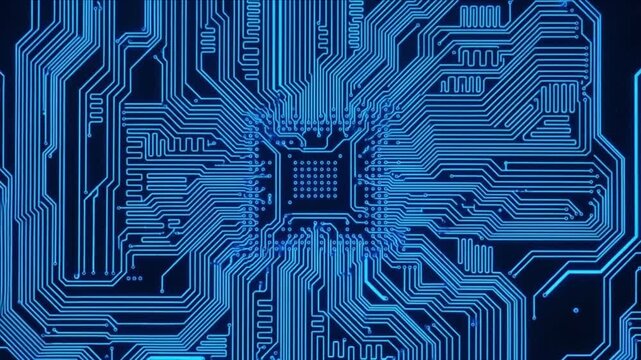 青く発光する微細回路とAIマイクロチップの基幹構造を描いたCG動画
