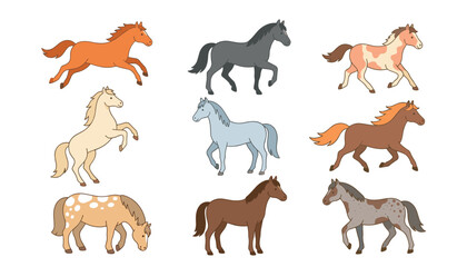 Obraz premium Beautiful horse vector set featuring cute handdrawn horses running trotting and rearing up in various breed color illustrations