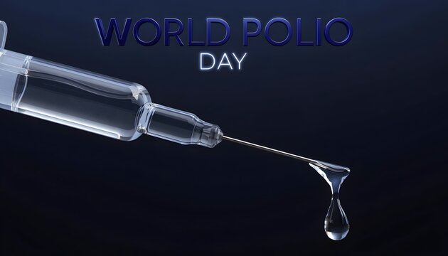 Clear glass syringe with a liquid drop on a dark background for world polio day