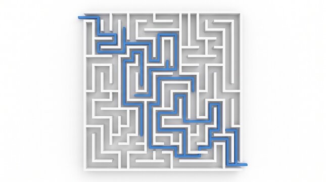 A top-view 3D render of a complex square white maze with a bright blue line tracing a successful path from start to finish on a clean white background.