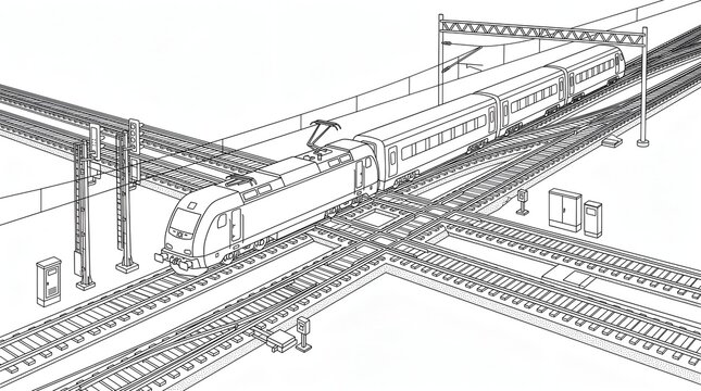 Train on railway junction coloring page with isometric line art illustration of a passenger train crossing railroad tracks.