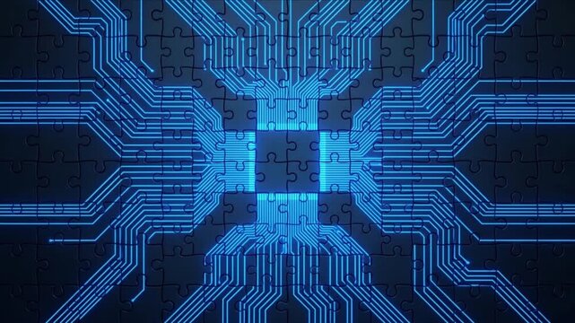 青く光る回路とジグソーパズルの構造を持つAIマイクロチップのCG動画