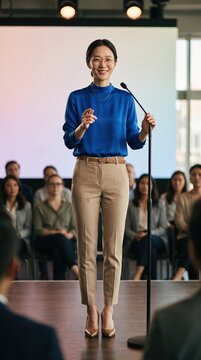 Generative AI, Asian businesswoman speaking confidently on stage in front of an audience