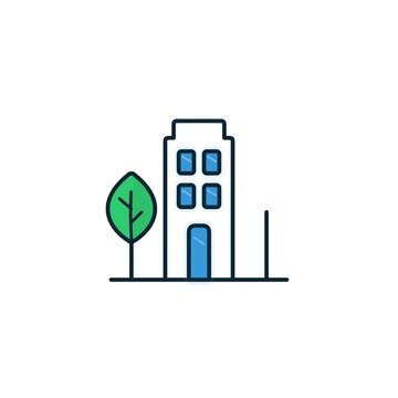 Sustainable stepped commercial building with flanking green leaf trees and windows