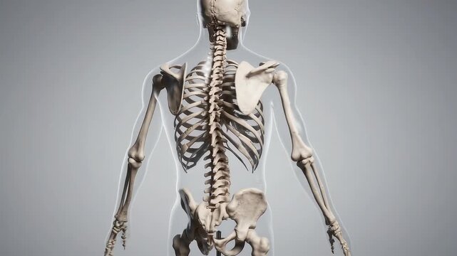 Anatomical human skeleton rotates showing ribs vertebrae and pelvis in three dimensional space.