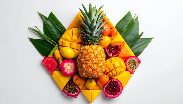 Colorful tropical fruits arranged in a perfect geometric pattern featuring a pineapple and mangoes and papayas.