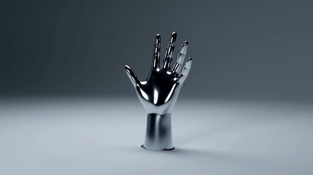 Reflective metallic hand rises upright as glossy dark liquid retracts from a broad puddle around its wrist, revealing a smooth cylindrical base against a softly lit gray studio background