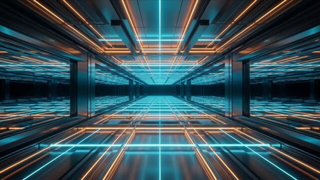 南京錠の鍵穴を通り抜けて広大な未来都市の幾何学空間へ移行するCG動画