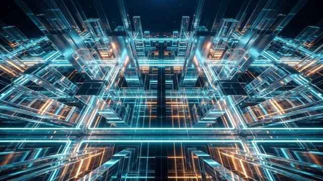 南京錠の鍵穴を通り抜けて広大な未来都市の幾何学空間へ移行するCG動画