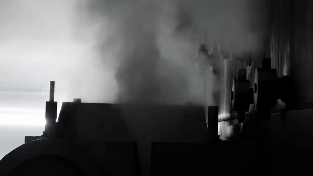 Dense white vapor billows upward beside dark metal machinery, spreading across rows of round fasteners as strong side lighting creates a high-contrast industrial silhouette