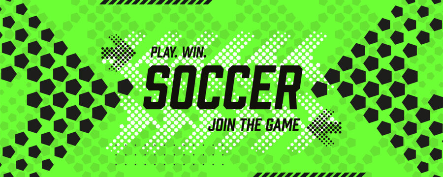 Dynamic green soccer sport banner with white arrows and black pentagon pattern background. Concept for football championship promotion.