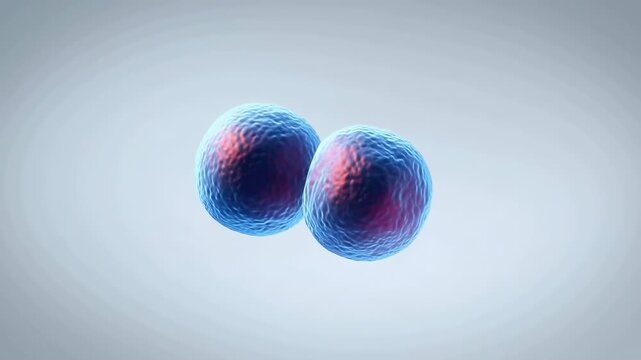 Two textured blue and magenta spheres drift closer together until their rounded surfaces touch, with rippled translucent edges glowing against a soft pale background