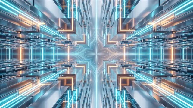 南京錠の鍵穴を通り抜けて広大な未来都市の幾何学空間へ移行するCG動画