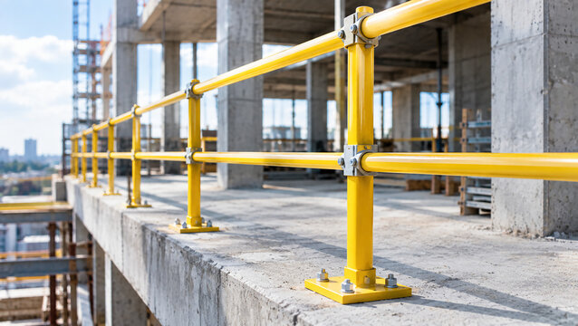 Construction site featuring a sturdy yellow railing on a concrete platform, emphasizing safety and structural integrity.