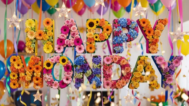 Animated graphic featuring 'HAPPY MONDAY' lettering surrounded by colorful fresh flowers, falling confetti, cheerful celebration atmosphere, 4K video