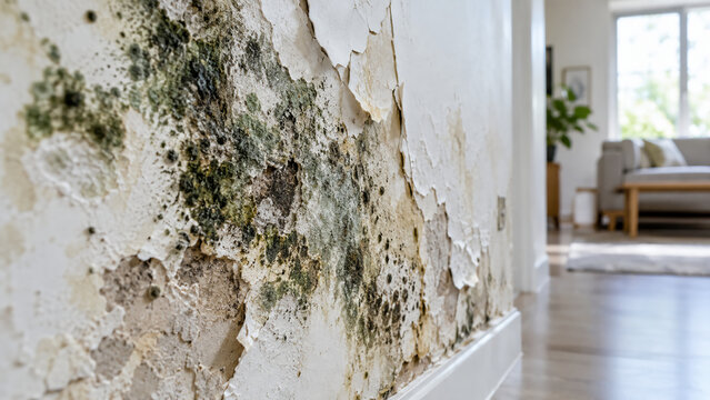 Mold and mildew damage on an interior wall with peeling paint in a residential hallway.