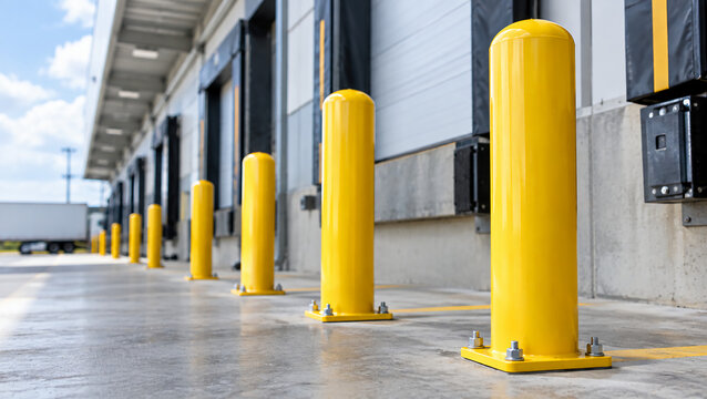 Bright yellow bollards lined up along a concrete loading dock with industrial buildings and a truck in the background.
