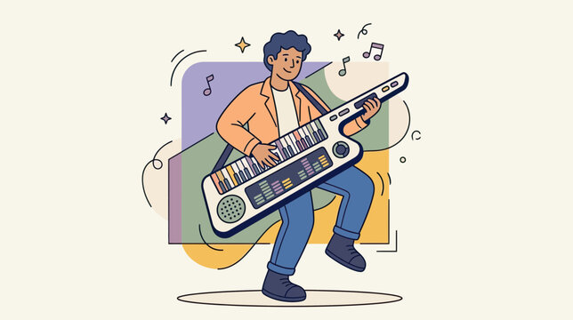 Young man plays a keytar with energetic joy while colorful abstract shapes and musical notes float around him creating a lively mood