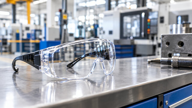 Clear safety glasses rest on a metal workbench in a bright, modern industrial workshop with machinery and tools in the background.