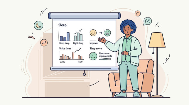 Person presenting sleep data graphs while showing improvements and positive mood while at home